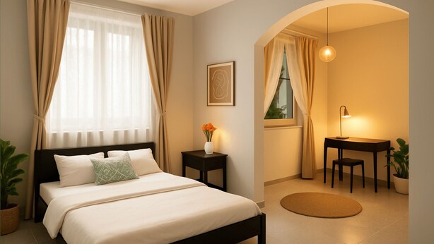 A bedroom with a bed, bedside table, lamp, and a view through an arched window. - Apartment Osterstraße 123 (Hannover)