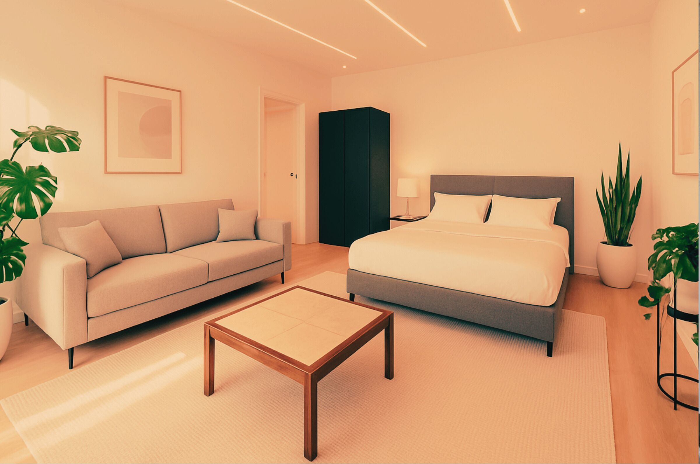 A modern hotel room with a sofa, a bed, a coffee table, and potted plants.
