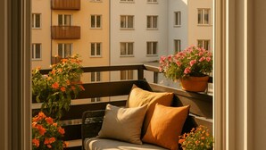 Un balcon avec un banc, deux coussins et des plantes en pot.
