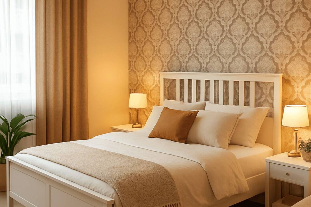 Een hotelkamer met een bed, twee nachtkastjes, lampen, een potplant en behang met een patroon.