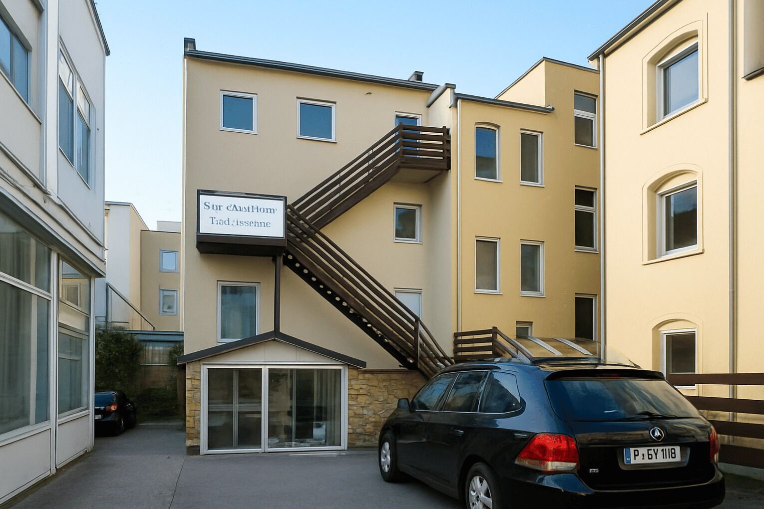 Um edifício residencial de vários andares com uma escadaria visível e um carro estacionado em frente.