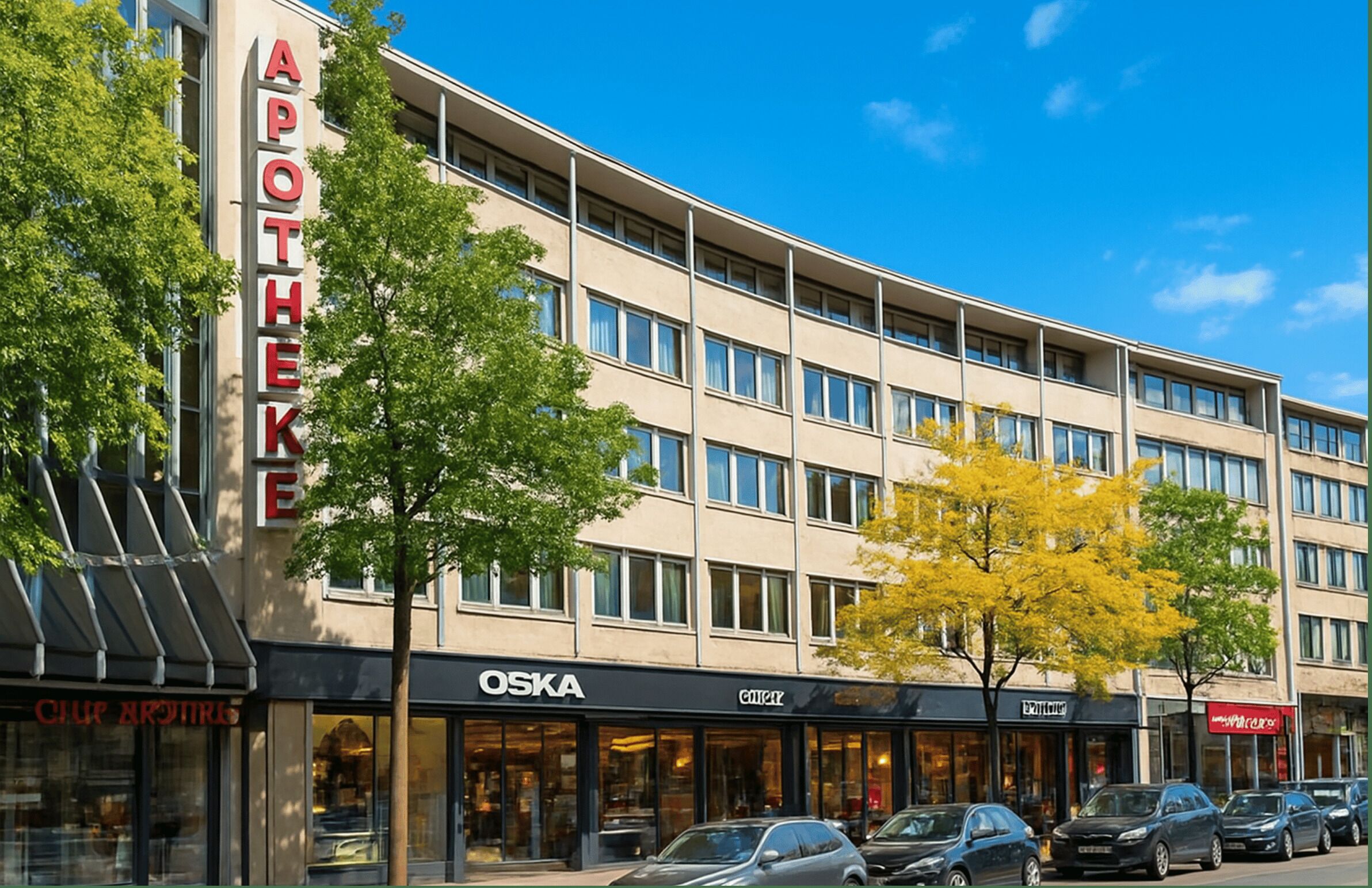 En bygning med flere etager, med et skilt, der viser ordet 'APOTHEKE' på venstre side.