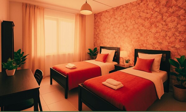 Una habitación de hotel con dos camas, un escritorio y una silla.