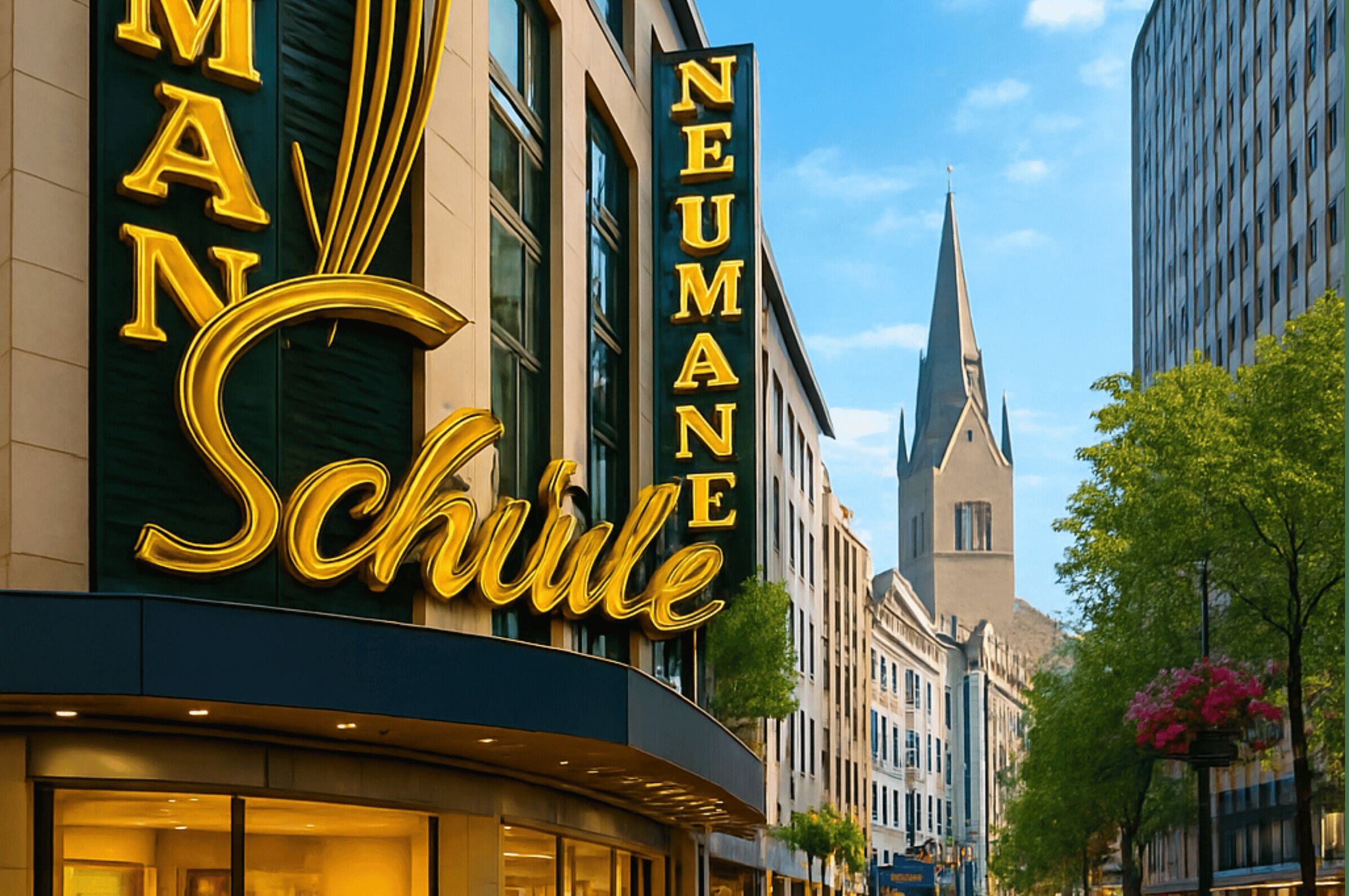 Un hôtel avec une enseigne bien visible portant l’inscription « MAN NEUMAN SCHULE » et, en arrière-plan, le clocher d’une église.