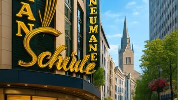 Un hôtel avec une enseigne bien visible portant l’inscription « MAN NEUMAN SCHULE » et, en arrière-plan, le clocher d’une église.