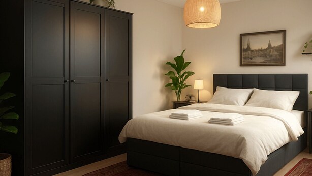 A bedroom with a dark-colored bed, a red rug, a bedside lamp, and a framed picture on the wall. - Apartment Osterstraße 322 zwei (Hannover)