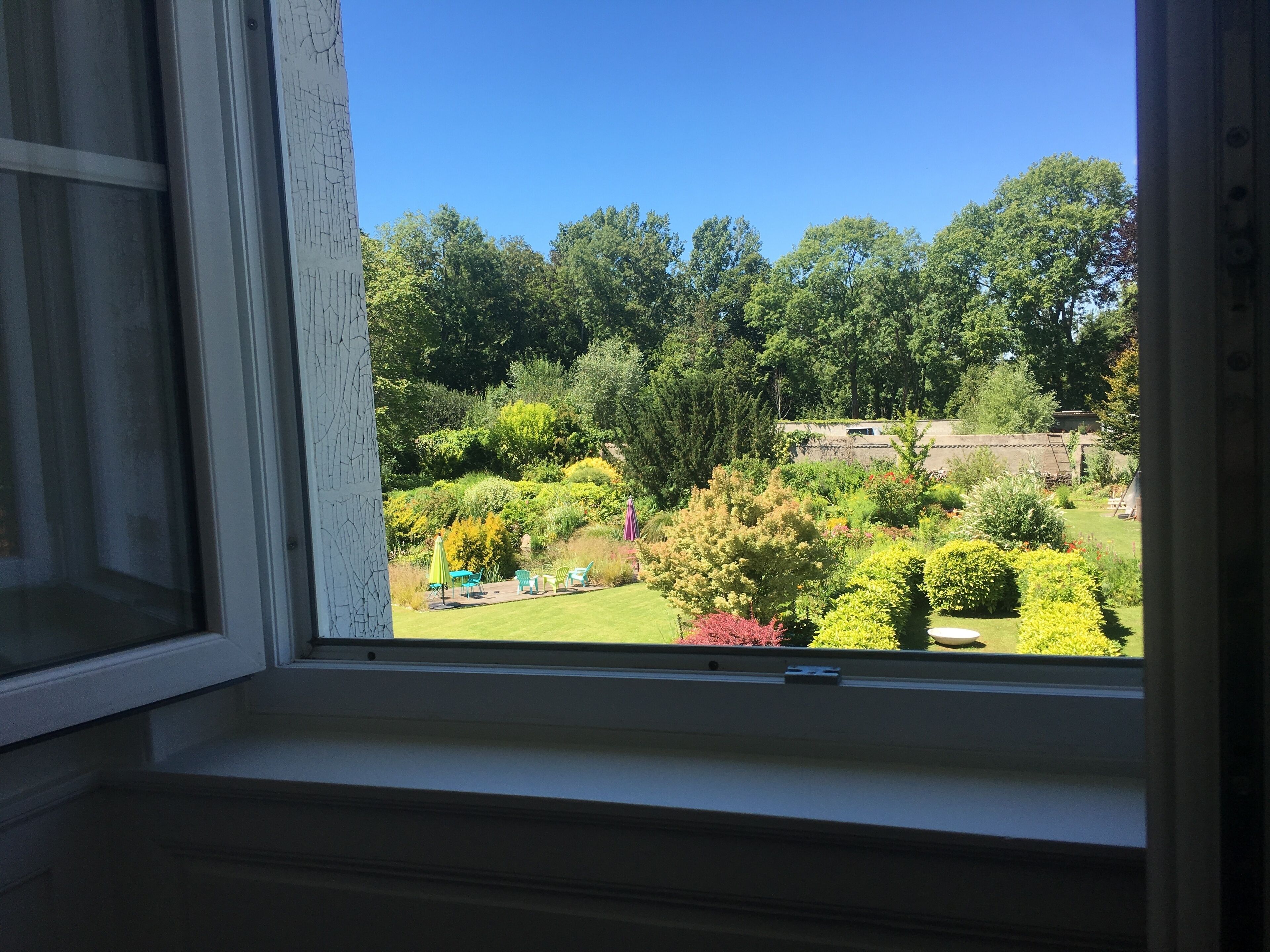 A window with a view of a garden, including a lawn, trees, and a patio area with chairs and a table.