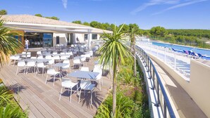A rooftop bar with outdoor seating and a pool view.