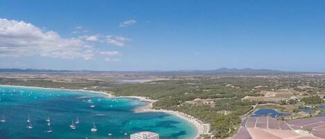 An aerial view of a coastal area with a marina, buildings, and agricultural fields.