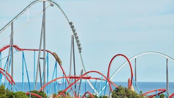 A roller coaster with multiple tracks and cars, set against a clear sky and ocean backdrop.