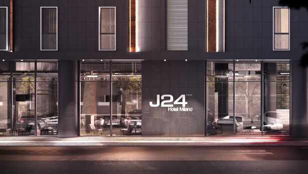 A modern hotel facade with large glass windows and a prominent 'J24 Hotel Milano' sign. - J24 Hotel Milano (Milan)