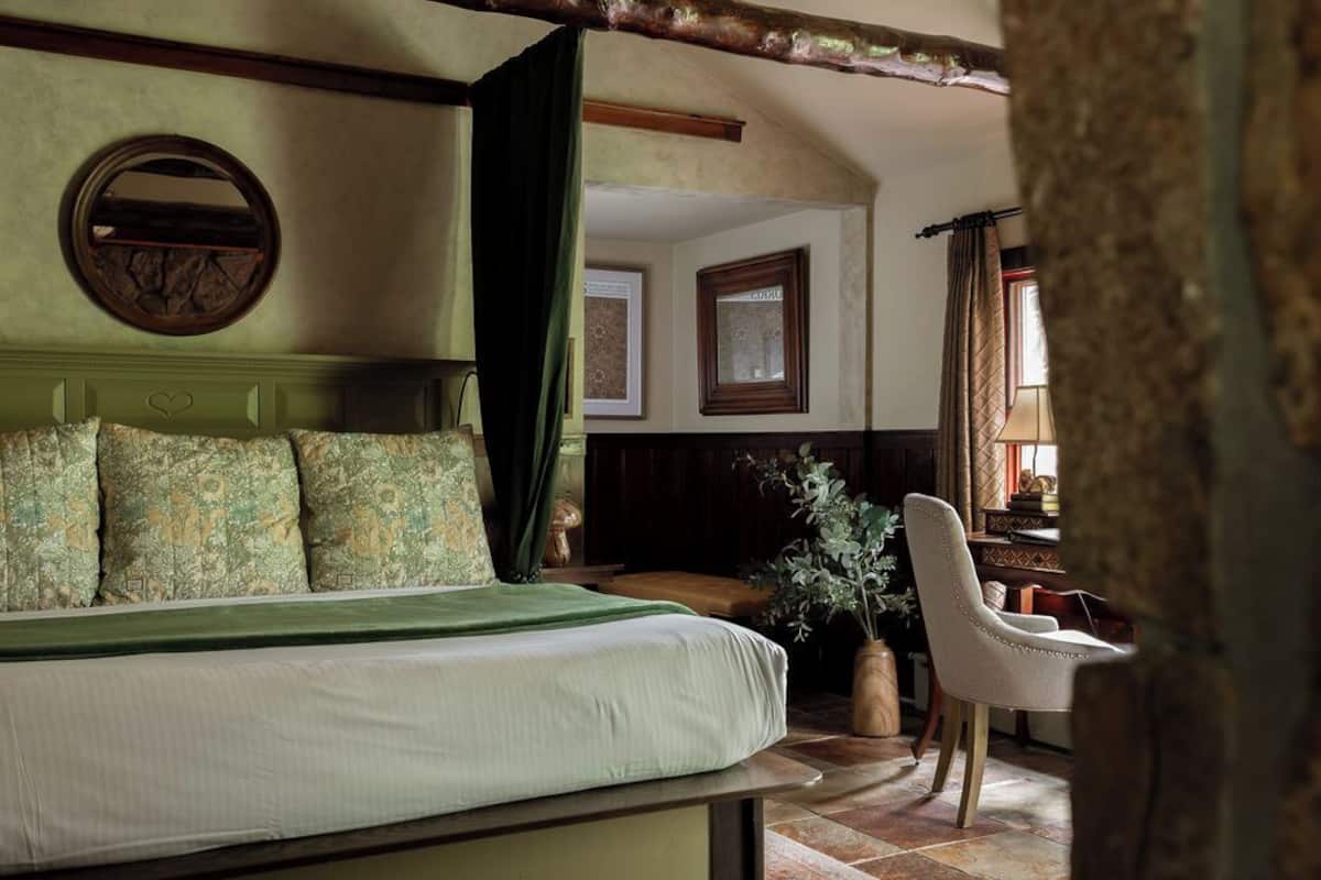 A bedroom with a bed, a chair, a potted plant, and a mirror on the wall.