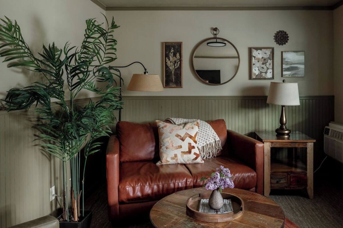 A cozy living room with a brown leather sofa, a round wooden coffee table, and a large potted plant.
