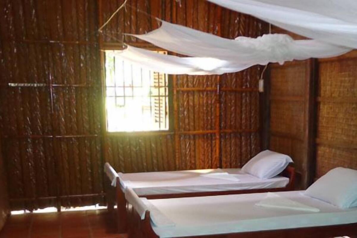 A room with two wooden beds, a window, and a mosquito net.