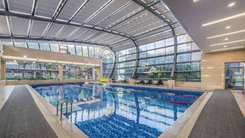 Une piscine intérieure dotée d’un toit en verre, d’une eau cristalline et offrant une vue sur l’extérieur.