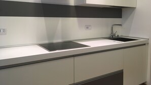 Eine moderne Küche mit Spüle, Dunstabzugshaube und Backofen.