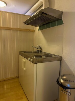 A compact kitchen with a stove, sink, and a small trash bin. - Nydeck (Bern)
