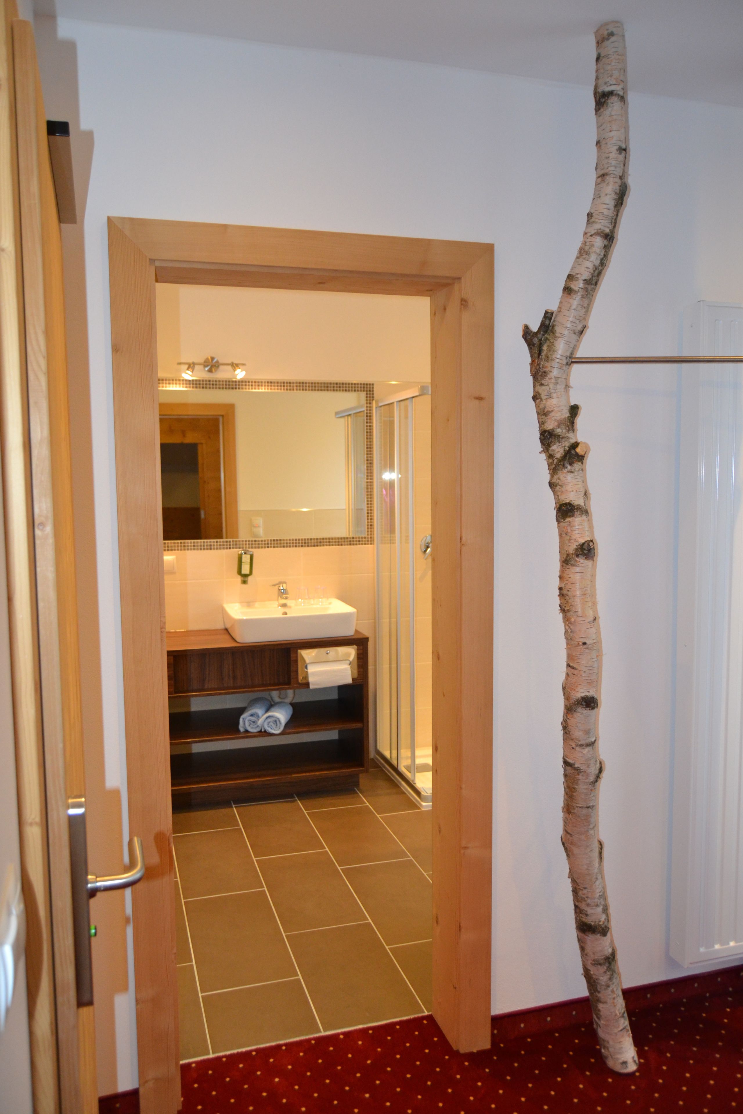 A bathroom with a wooden door, a sink, a mirror, and a shower.