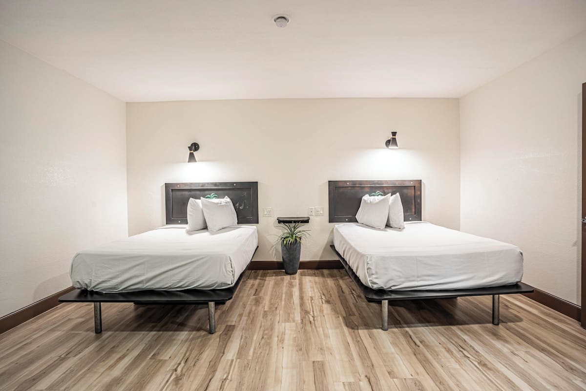 A room with two beds, each with a headboard and bedside lamp, a small potted plant, and a wooden floor.