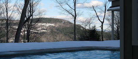 A swimming pool with a view of a snowy landscape and trees.