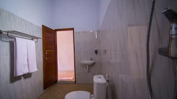 Combined shower/tub, hair dryer, bidet, towels