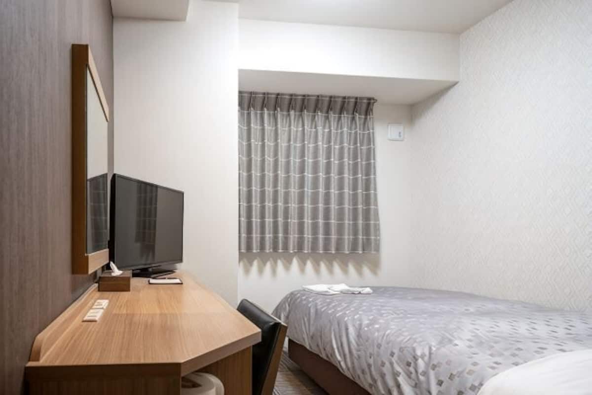 A compact hotel room with a bed, a desk with a television, a chair, and a window with curtains.