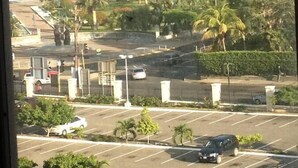 Un parcheggio con diverse auto, circondato dal verde e con edifici sullo sfondo.