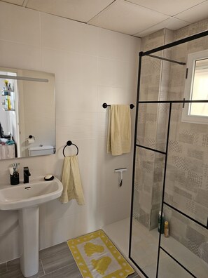 Une salle de bain avec un lavabo blanc, un miroir et une cabine de douche en verre.