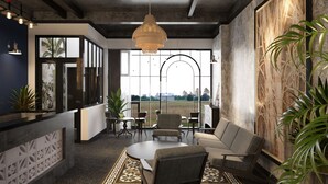 Un interior moderno con una zona de bar, asientos y ventanas amplias que ofrecen vistas.