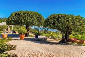 A landscaped garden with a gazebo, potted plants, and a view of the sea.