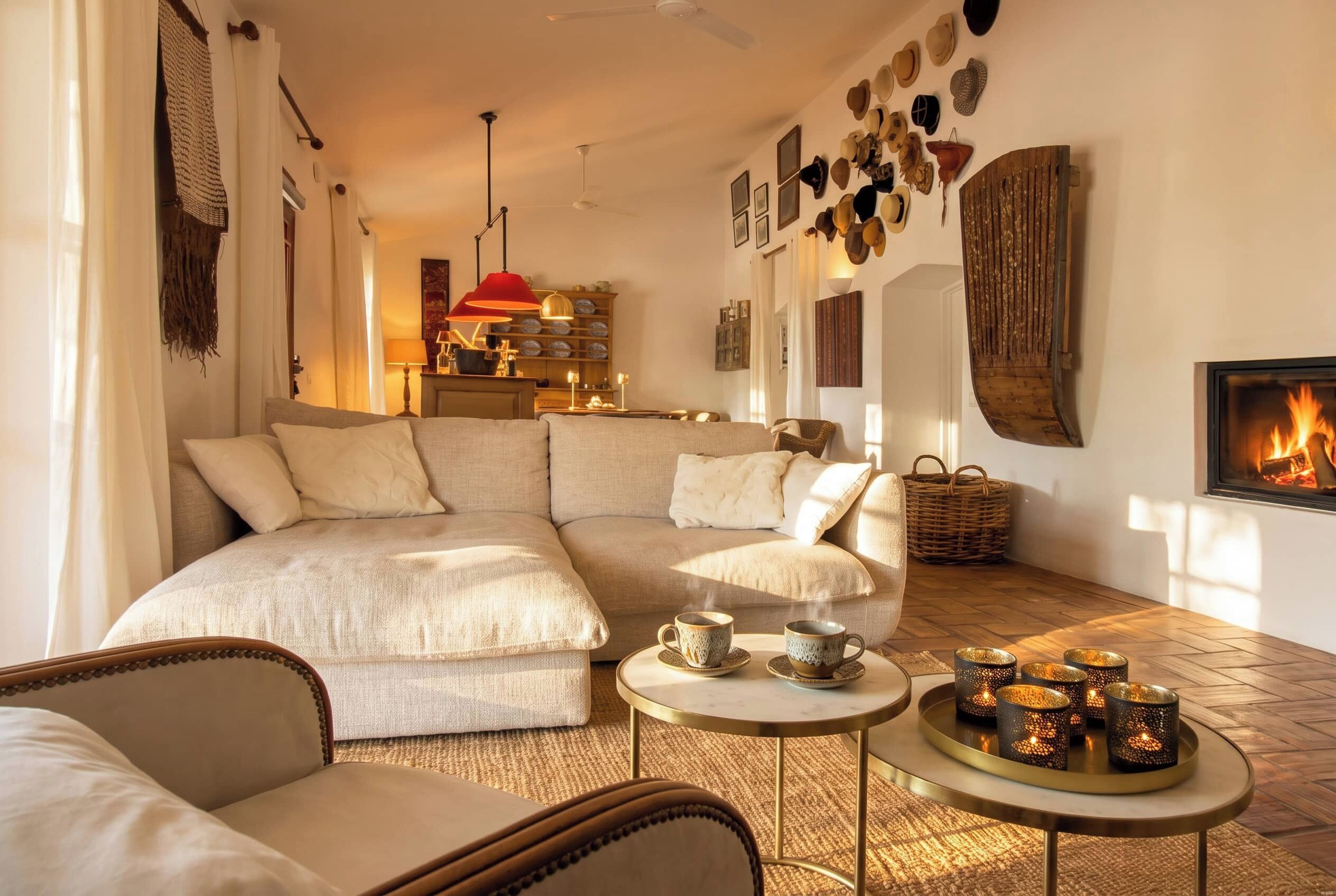 A cozy living room with a sofa, armchairs, a coffee table, and a fireplace.