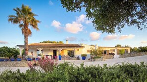 A two-story house with a tiled roof, a stone wall, and a garden with potted plants and a palm tree. - Cozy family-friendly holiday home with many extras (Sao Bras de Alportel)