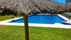 A swimming pool with a thatched roof, surrounded by a well-maintained lawn.