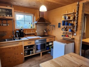 Fridge, oven, coffee/tea maker, electric kettle