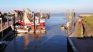 A marina with boats docked, a pier, and a grassy area. - Apartment Mühlenblick EG - Apartments Mühlenblick, 45217 (Jemgum)