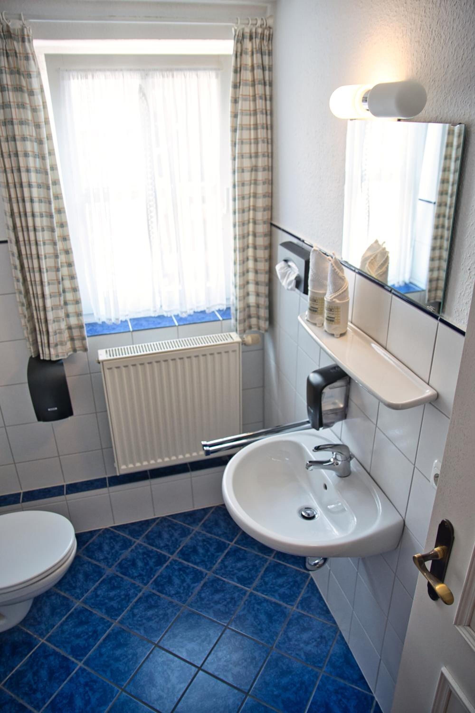 A bathroom with a white sink, a mirror, and a window with curtains.
