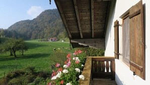A wooden balcony with a view of a green field and a mountain. - Ferienwohnung bis 5 Personen (ca. 90 qm) (Kiefersfelden)
