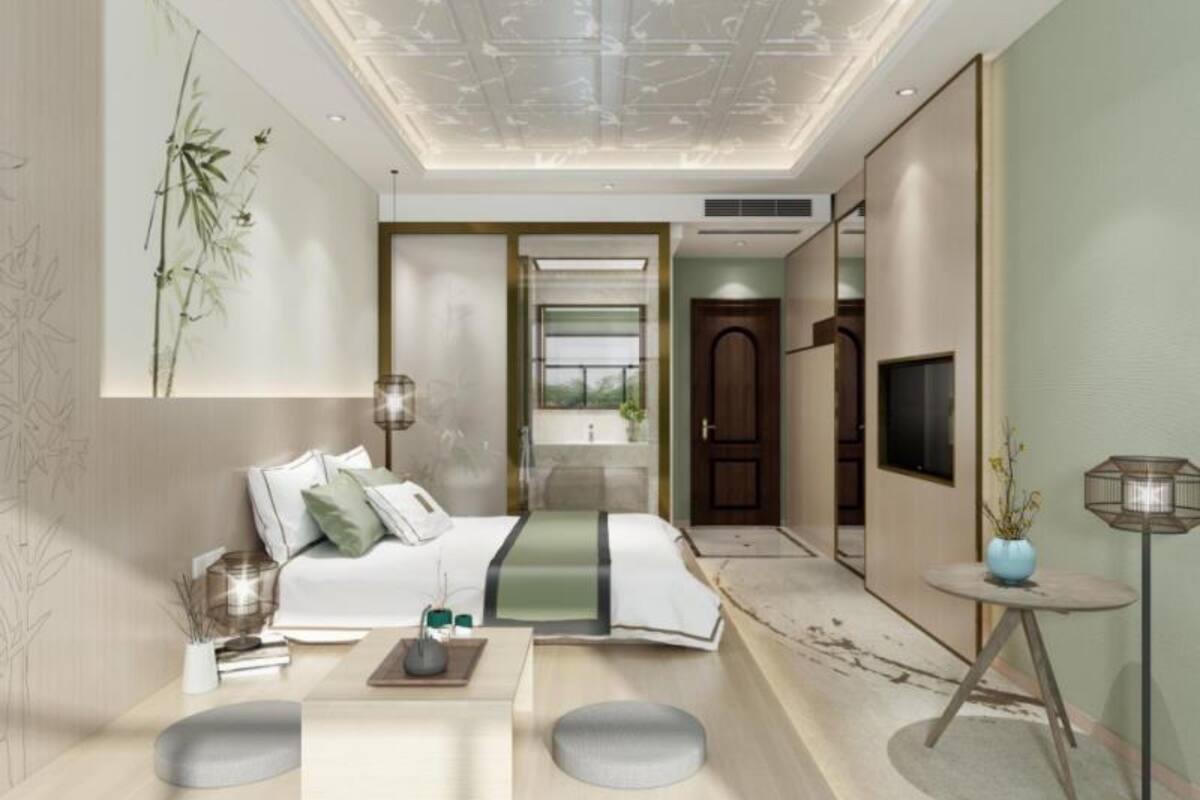 Quarto casal design | Escrivaninha, cortinas blackout, Wi-Fi de cortesia