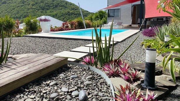 Une piscine avec vue sur une montagne, entourée de plantes et bordée d’un bâtiment moderne.