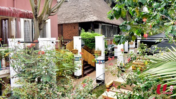 A thatched-roof structure with a staircase leading to a door, surrounded by dense foliage and various plants. - Zebra Boutique Hotel (Kigali)