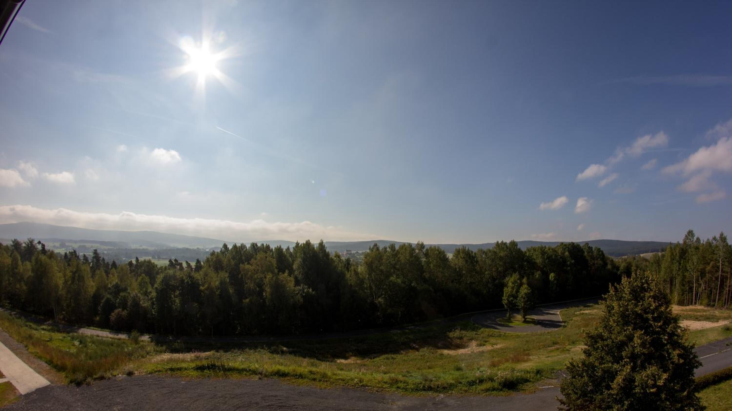 A road curving through a forested area with a clear sky and distant mountains.
