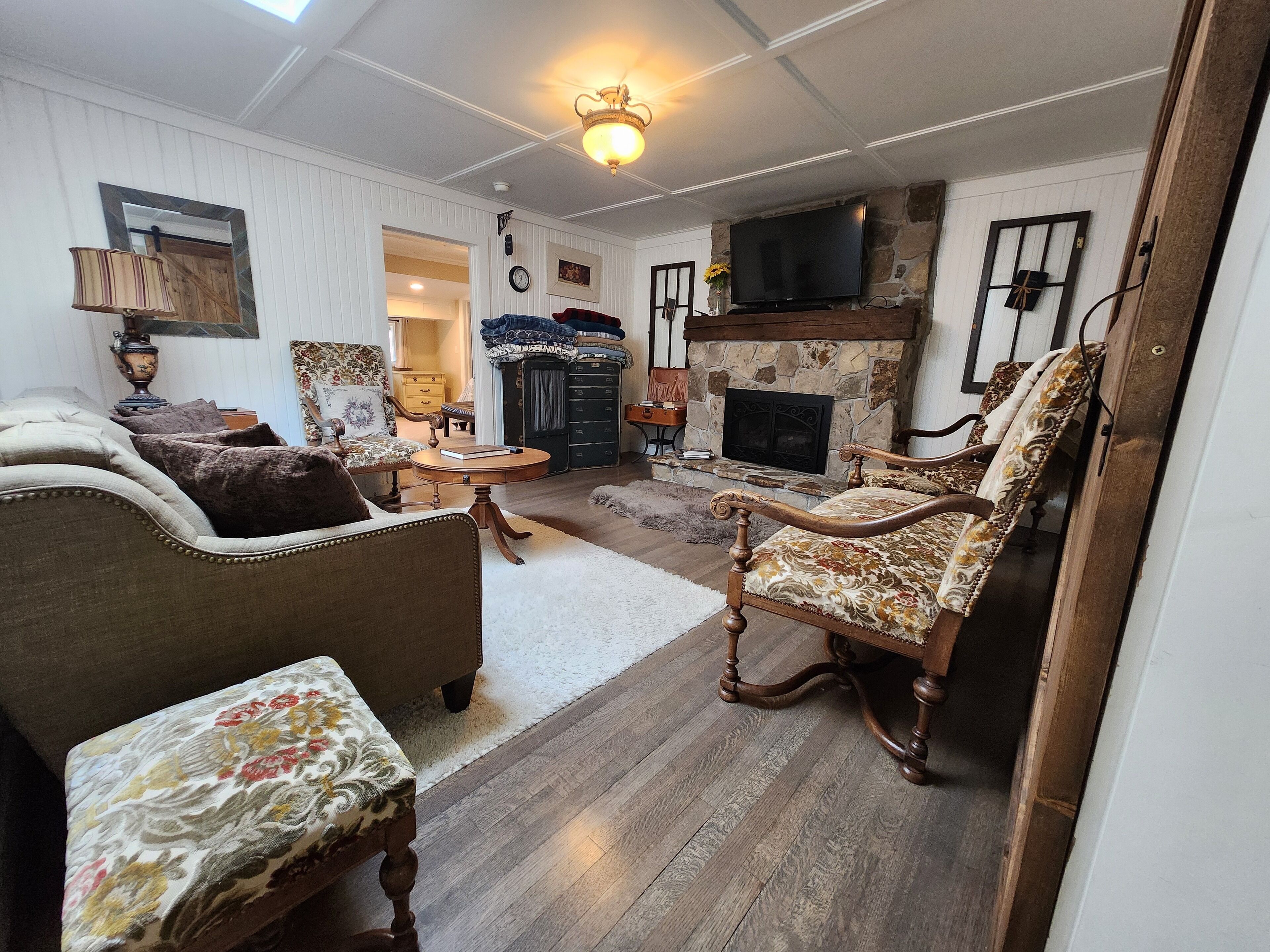 スマートテレビ、暖炉、DVD プレーヤー、書庫