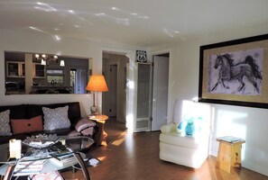 Smart TV, fireplace, DVD player, books
