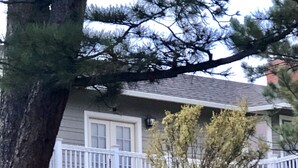 A house with a white porch and a tree in front.