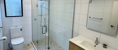 Un baño moderno con ducha de vidrio, inodoro y lavamanos con espejo.