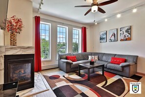 Smart TV, fireplace, music library, video library