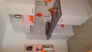 Fridge, microwave, coffee/tea maker, toaster