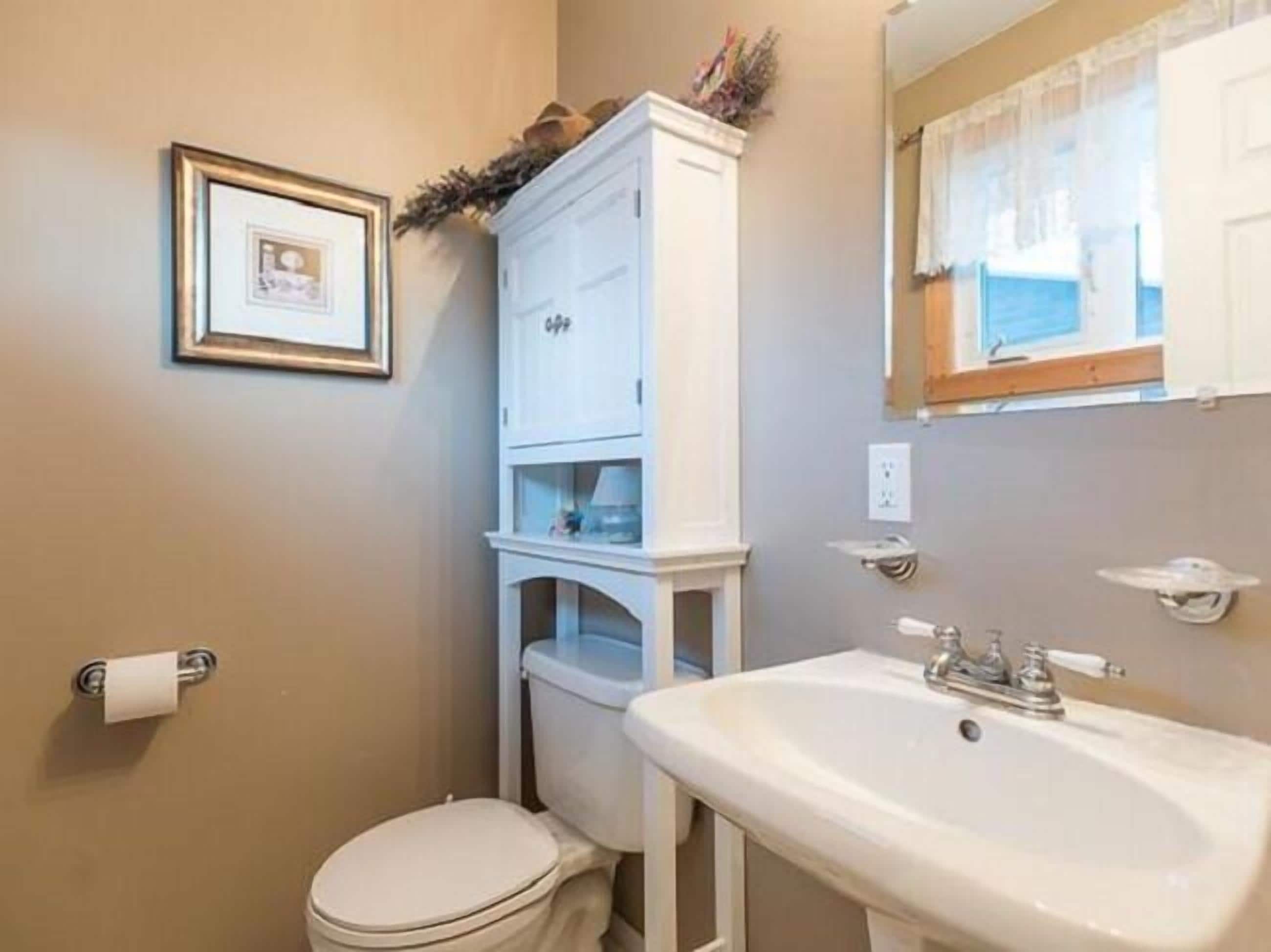 A bathroom with a toilet, a sink, a framed picture on the wall, and a window with curtains.