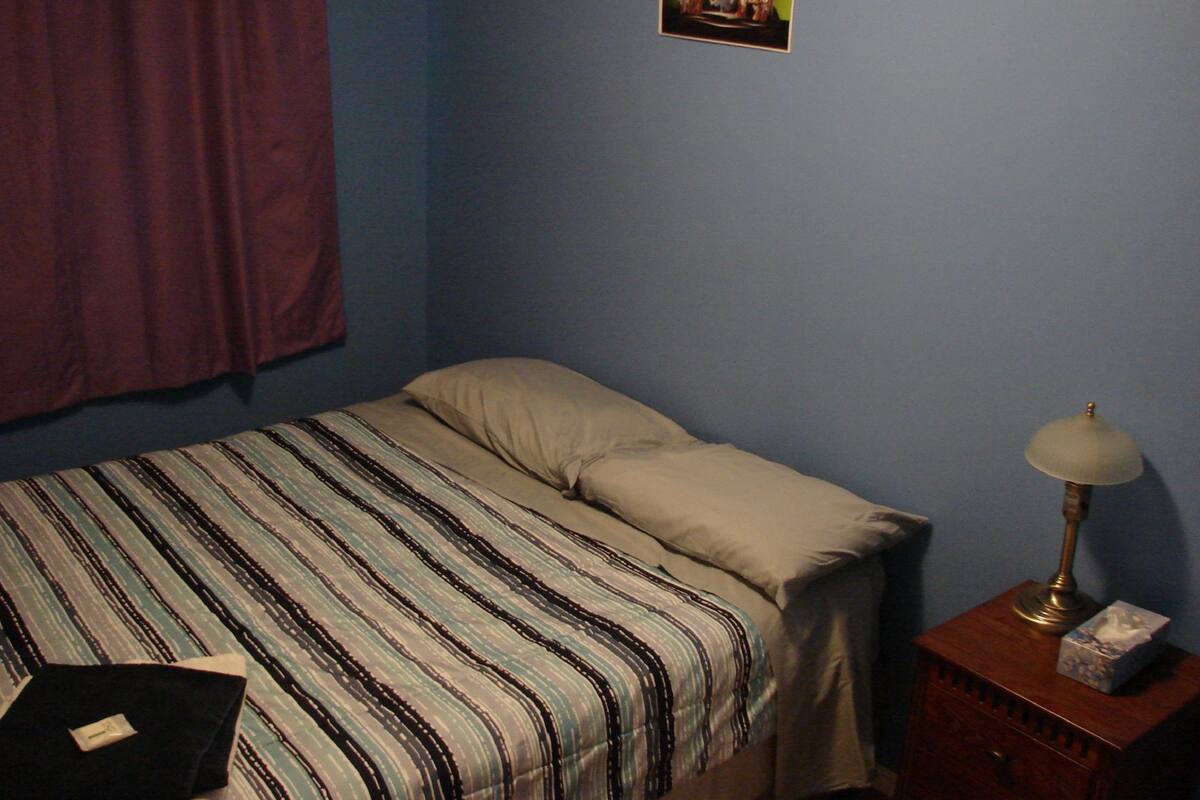 Un dormitorio con cama, lámpara de noche, mesita de noche, un cuadro en la pared y una ventana con cortinas.