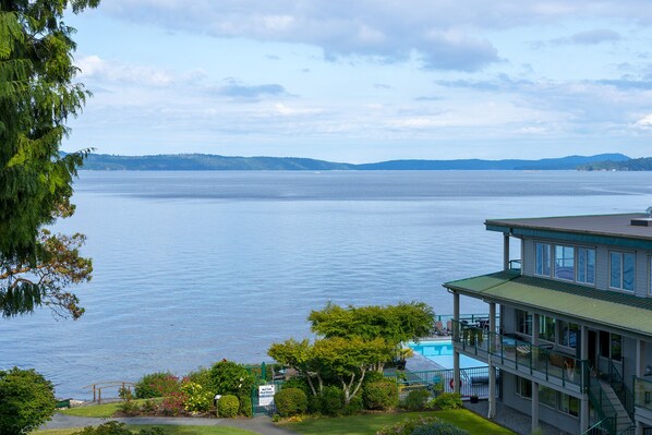 A waterfront property with a pool, a covered patio, and a view of the water.